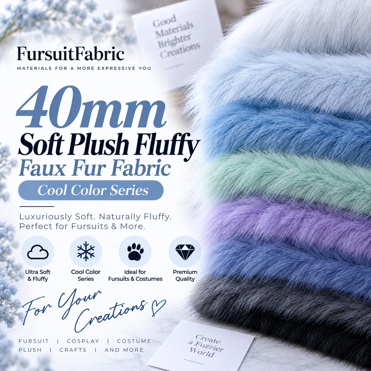 40mm Soft Plush Fluffy Faux Fur Fabric｜Cool Color Series